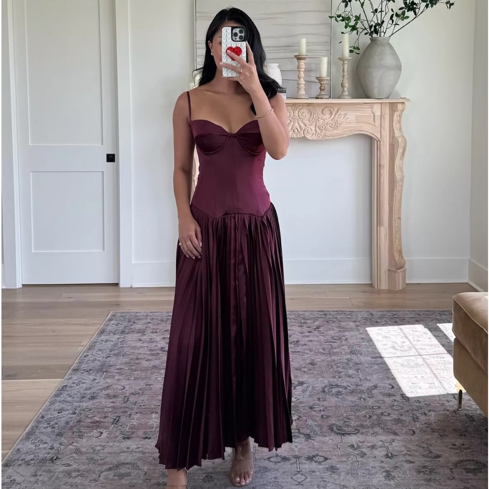 House of CB Burgundy Satin Corset Maxi Dress